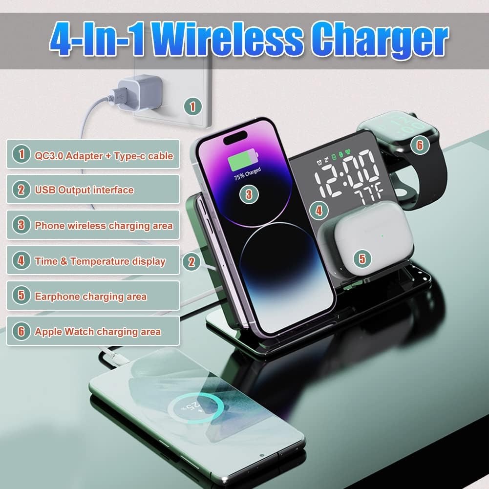 2-in-1 Wireless charging - Time display, Alarm clock, Thermometer - Valueboxeu